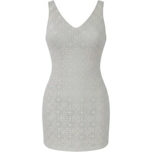 Express Tricot Mini Dress Large White Crochet Lace V-Neck Shift 90s Vintage